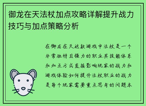 御龙在天法杖加点攻略详解提升战力技巧与加点策略分析